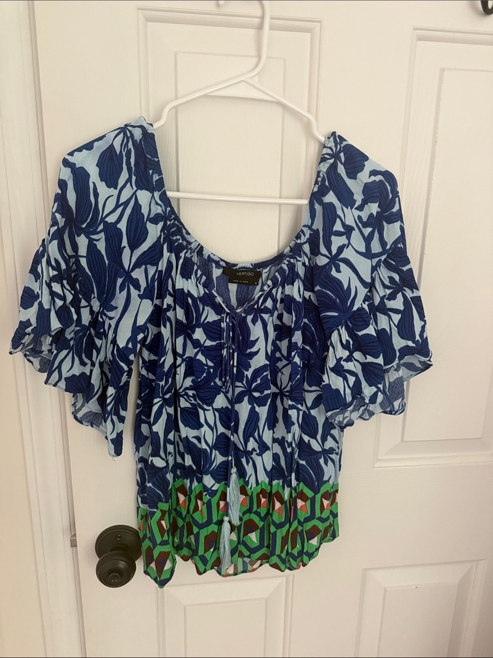Vero Moda Navy Floral Peasant Blouse with Green Hem